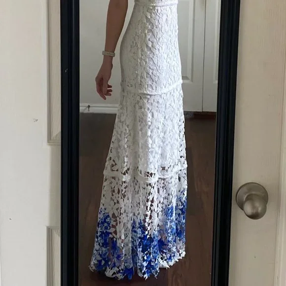 Elie Tahari white royal blue lace crochet floral sleeveless casual maxi dress - Picture 3 of 9